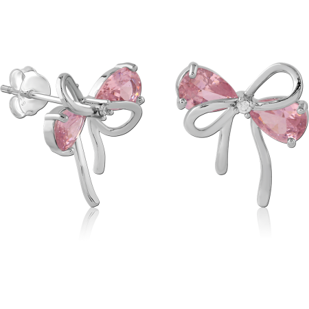 STERLING SILVER 925 STUD EARRINGS PINK TEARDROP GEM BOW