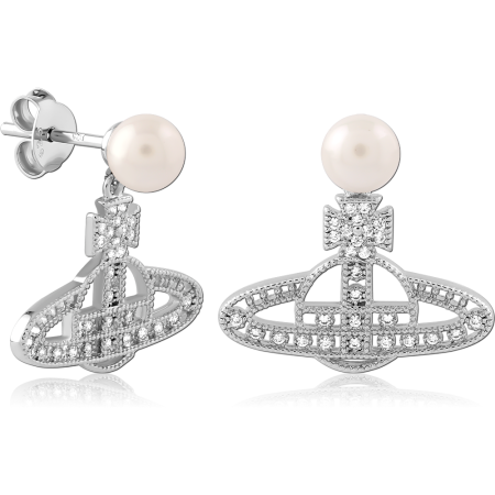STERLING SILVER 925 DROP STUD EARRINGS WHITE BEAD PAVE ORB CHARM