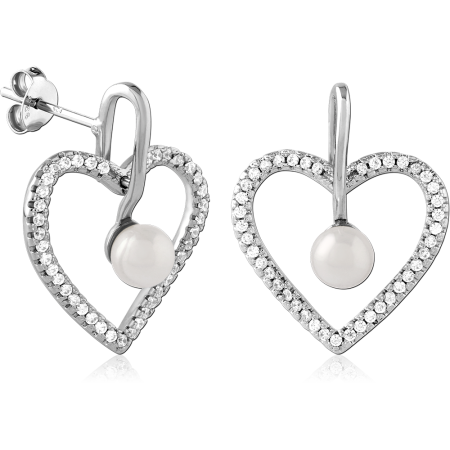 STERLING SILVER 925 DROP STUD EARRINGS PAVE HEART OUTLINE WITH WHITE BEAD DANGLE