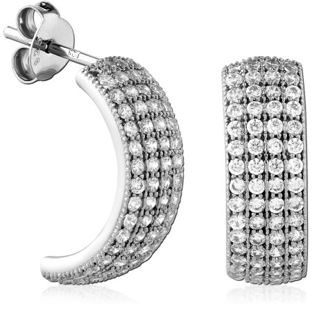 STERLING SILVER 925 HALF HOOP STUD EARRINGS MULTI ROW CLEAR PAVE