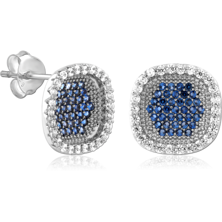 STERLING SILVER 925 STUD EARRINGS CUSHION PAVE BLUE CENTER HALO