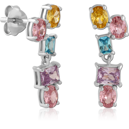 STERLING SILVER 925 DROP STUD EARRINGS MIXED SHAPE MULTICOLOR GEMS