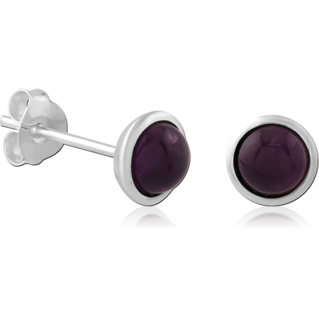 STERLING SILVER 925 STUD EARRINGS ROUND PURPLE CABOCHON