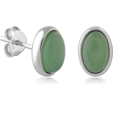 STERLING SILVER 925 STUD EARRINGS GREEN OVAL STONE CABOCHON BEZEL SET