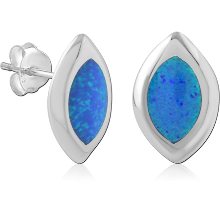 STERLING SILVER 925 STUD EARRINGS BLUE SPECKLED INLAY MARQUISE BEZEL SET