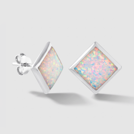 STERLING SILVER 925 STUD EARRINGS WHITE SPECKLED INLAY DIAMOND BEZEL SET