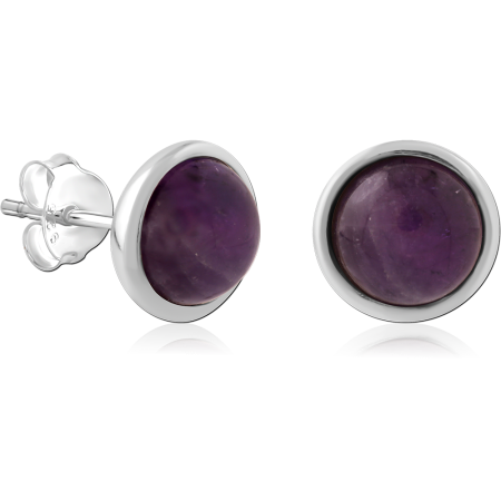 STERLING SILVER 925 STUD EARRINGS PURPLE ROUND STONE CABOCHON BEZEL SET