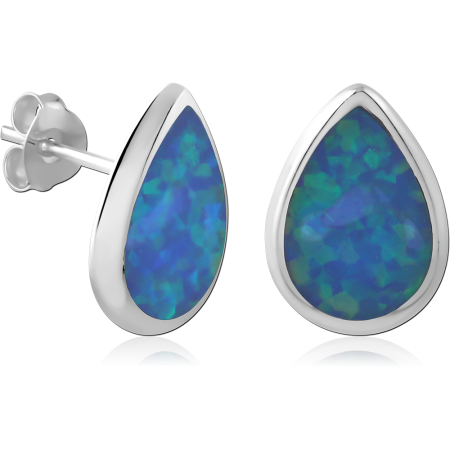 STERLING SILVER 925 STUD EARRINGS BLUE SPECKLED INLAY TEARDROP BEZEL SET
