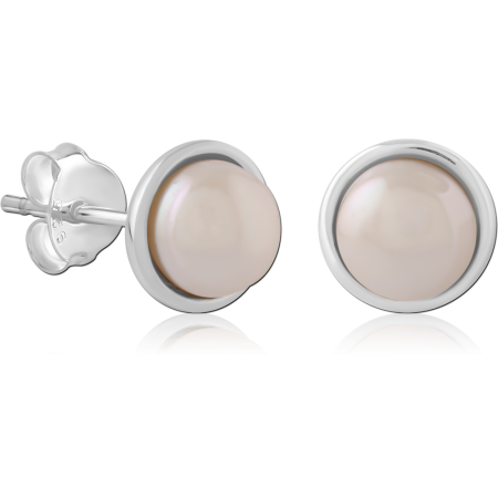 STERLING SILVER 925 STUD EARRINGS BEZEL SET WHITE PEARL