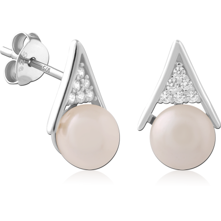 STERLING SILVER 925 STUD EARRINGS TRIANGLE CRYSTAL ACCENT WITH WHITE PEARL