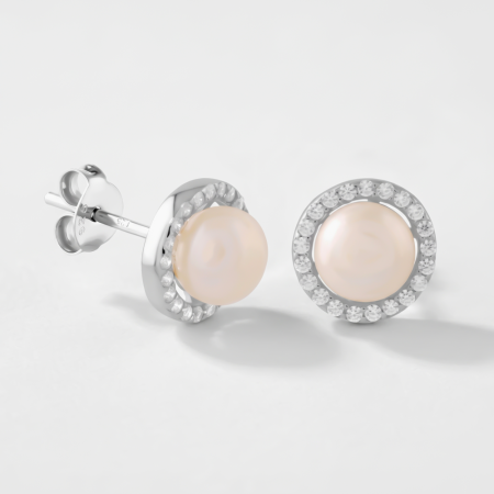 STERLING SILVER 925 STUD EARRINGS ROUND HALO CRYSTAL WITH WHITE PEARL