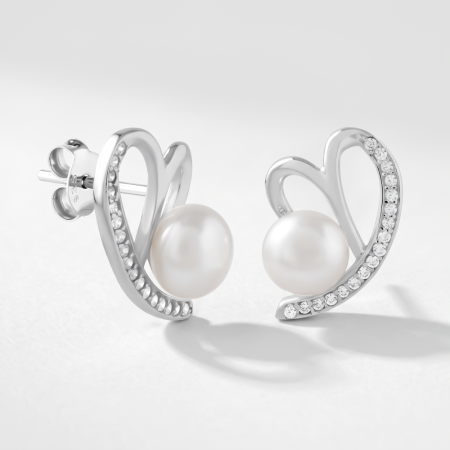 STERLING SILVER 925 STUD EARRINGS CURVED OPEN HEART CRYSTALS WITH WHITE PEARL