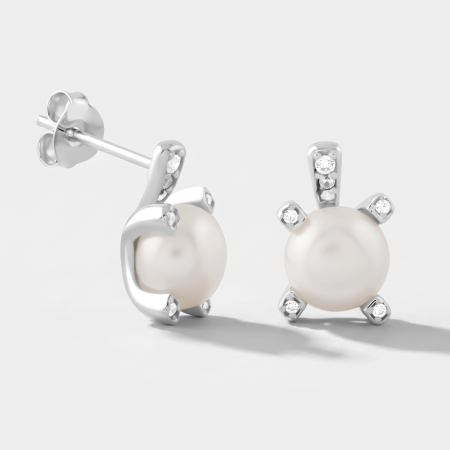STERLING SILVER 925 STUD EARRINGS PRONG SET PEARL WITH CRYSTAL ACCENTS