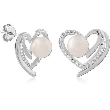 STERLING SILVER 925 STUD EARRINGS DOUBLE OPEN HEART CRYSTALS WITH WHITE PEARL