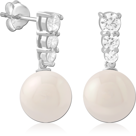 STERLING SILVER 925 DROP STUD EARRINGS THREE CRYSTAL TOP WITH PEARL