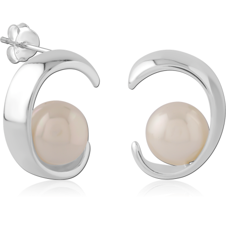 STERLING SILVER 925 STUD EARRINGS CRESCENT OPEN HOOP WITH ROUND PEARL