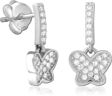 STERLING SILVER 925 STUD EARRINGS PAVE BAR DROP WITH BUTTERFLY CHARM AND GEMS