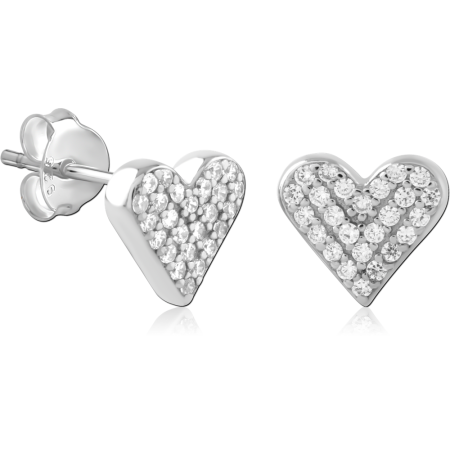 STERLING SILVER 925 STUD EARRINGS PAVE HEART WITH CLEAR GEM ACCENTS