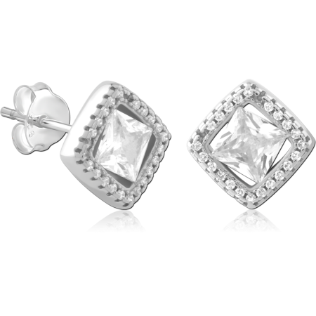 STERLING SILVER 925 STUD EARRINGS PRINCESS CUT GEM HALO SQUARE FRAME