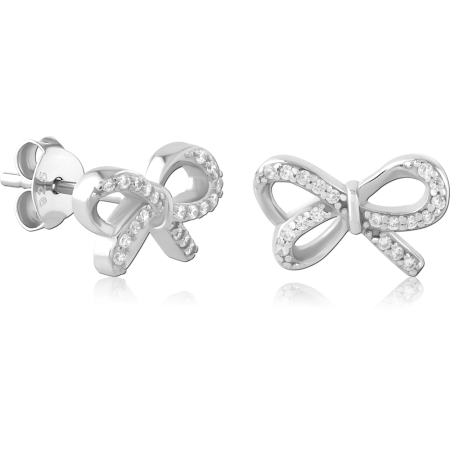 STERLING SILVER 925 STUD EARRINGS PAVE BOW RIBBON WITH CLEAR GEMS