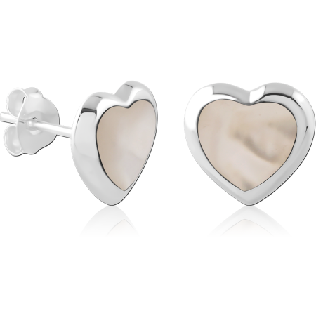 STERLING SILVER 925 STUD EARRINGS HEART WITH PEARL INLAY CENTER DESIGN