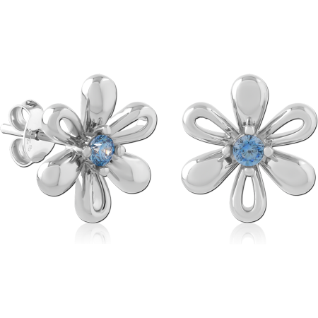 STERLING SILVER 925 STUD EARRINGS OPEN PETAL FLOWER WITH BLUE GEM