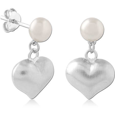 STERLING SILVER 925 STUD EARRINGS PEARL TOP WITH HEART CHARM DANGLE