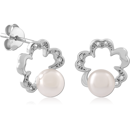 STERLING SILVER 925 STUD EARRINGS OPEN FLOWER WITH CLEAR GEMS AND PEARL