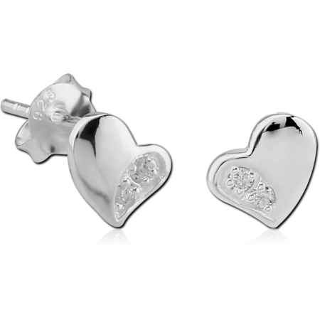 STERLING SILVER 925 STUD EARRINGS POLISHED HEART WITH CORNER CLEAR GEMS