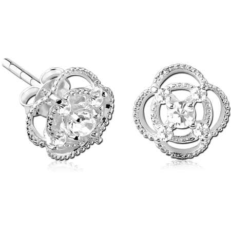 STERLING SILVER 925 STUD EARRINGS FILIGREE FLOWER CLUSTER WITH CLEAR GEMS