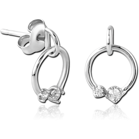 STERLING SILVER 925 STUD EARRINGS SMALL HOOP DANGLE WITH DOUBLE CLEAR GEMS