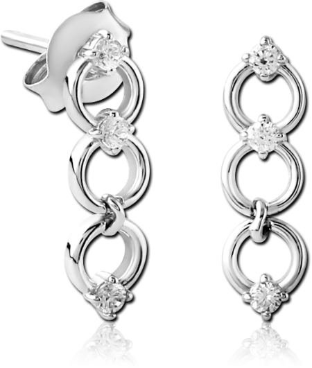 STERLING SILVER 925 STUD EARRINGS TRIPLE LINKED CIRCLES WITH CLEAR GEMS