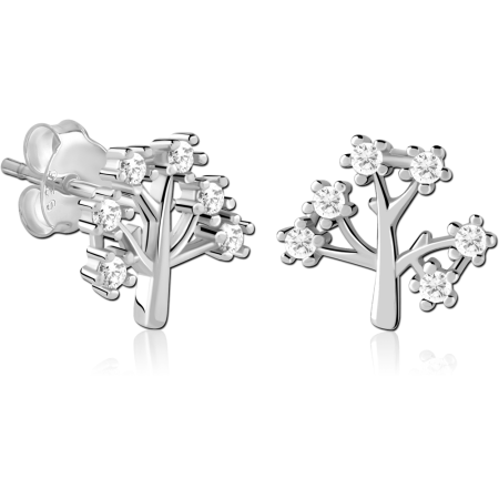 STERLING SILVER 925 STUD EARRINGS TREE SILHOUETTE WITH CLUSTERED CLEAR GEMS