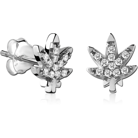 STERLING SILVER 925 STUD EARRINGS LEAF PAVE WITH CLEAR GEMS