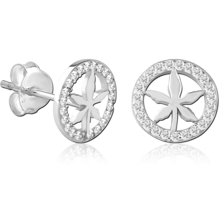 STERLING SILVER 925 STUD EARRINGS OPEN FLOWER INSIDE GEM HALO CIRCLE