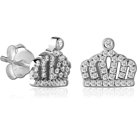 STERLING SILVER 925 JEWELED EAR STUDS PAIR - CROWN