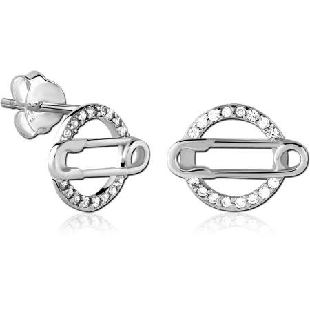 STERLING SILVER 925 STUD EARRINGS SAFETY PIN INSIDE GEM HALO CIRCLE