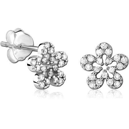 STERLING SILVER 925STUD EARRINGS FIVE PETAL FLOWER PAVE GEM CLUSTER