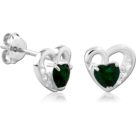 STERLING SILVER 925 STUD EARRINGS HEART OUTLINE GREEN GEM WITH ACCENTS