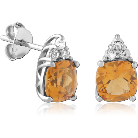 STERLING SILVER 925 STUD EARRINGS CUSHION ORANGE GEM WITH TRIO ACCENTS