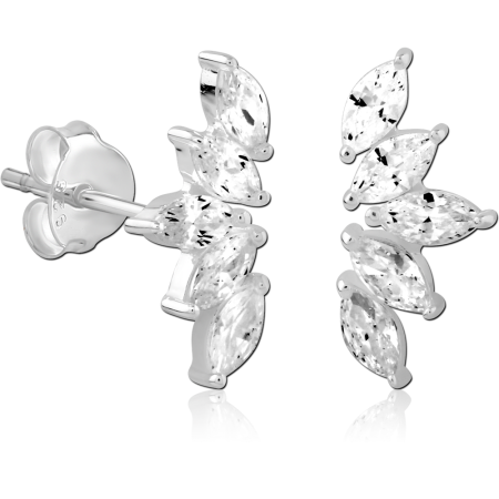 STERLING SILVER 925 EAR CLIMBER STUD EARRINGS TRIPLE MARQUISE CLEAR GEMS