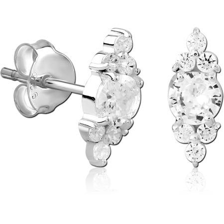 STERLING SILVER 925 STUD EARRINGS ORNATE CLUSTER WITH ROUND CENTER CLEAR GEM