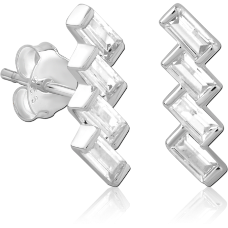 STERLING SILVER 925 EAR CLIMBER STUD EARRINGS TRIPLE BAGUETTE CLEAR GEMS