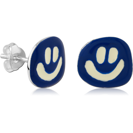 STERLING SILVER 925 STUD EARRINGS BLUE ENAMEL SMILEY FACE DESIGN