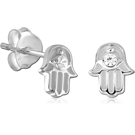 STERLING SILVER 925 STUD EARRINGS HAMSA HAND WITH CLEAR GEM