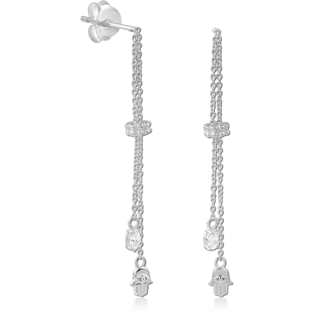 STERLING SILVER 925 DANGLE CHAIN STUD EARRINGS WITH DOUBLE HAMSA CHARMS
