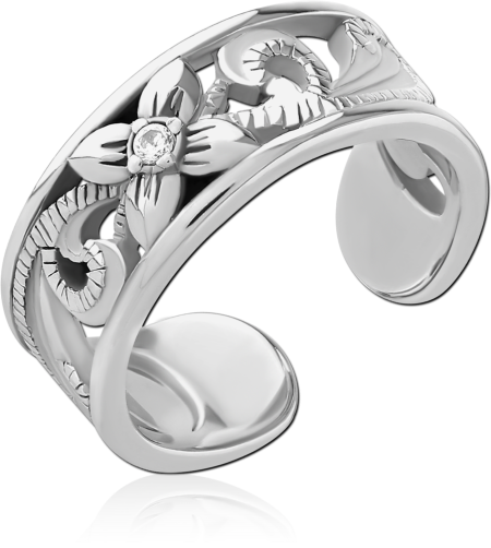 316L SURGICAL STEEL TOE RING FLORAL OPENWORK CLEAR GEM CENTER POLISHED