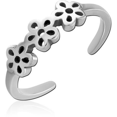 316L SURGICAL STEEL TOE RING TRIPLE CUTOUT FLOWERS PATTERN ADJUSTABLE OPEN BAND