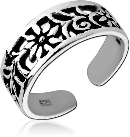 STERLING SILVER 925 TOE RING FLORAL SWIRL CUTOUT OXIDIZED FINISH OPEN BAND
