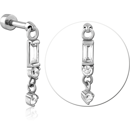316L SURGICAL STEEL MICRO BARBELL WITH BAGUETTE AND ROUND GEM DROP CHARM